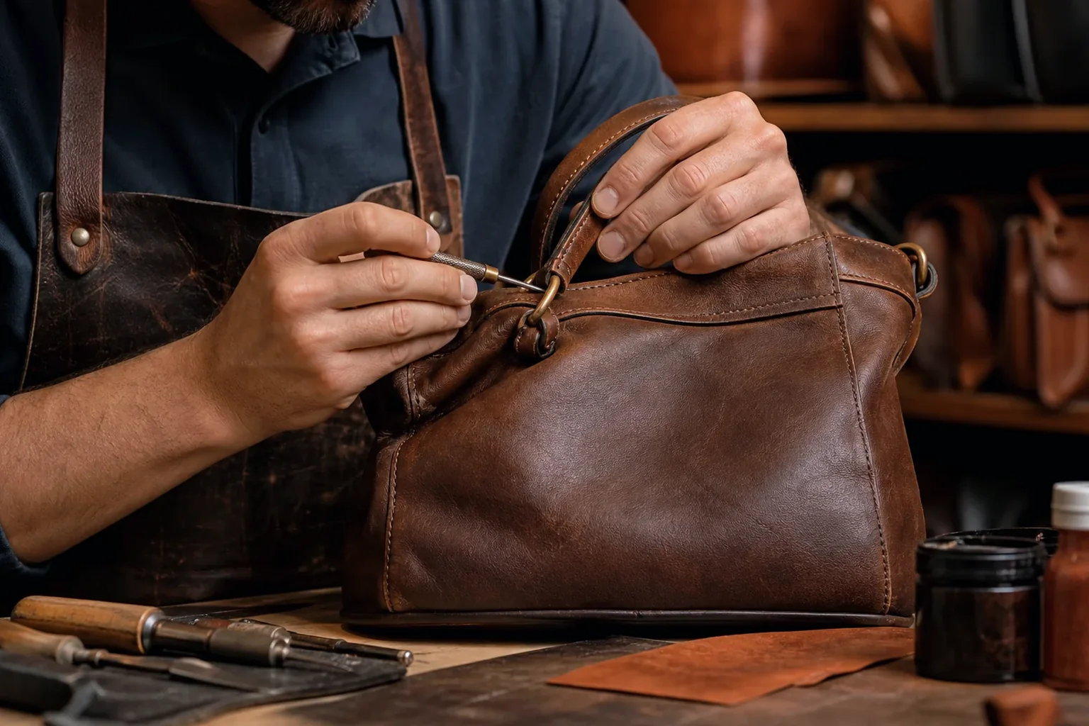 Sapateiro ajustando uma bolsa de couro, focando em detalhes do material.