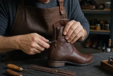 Sapateiro consertando o zíper de uma bota, com foco no trabalho técnico.