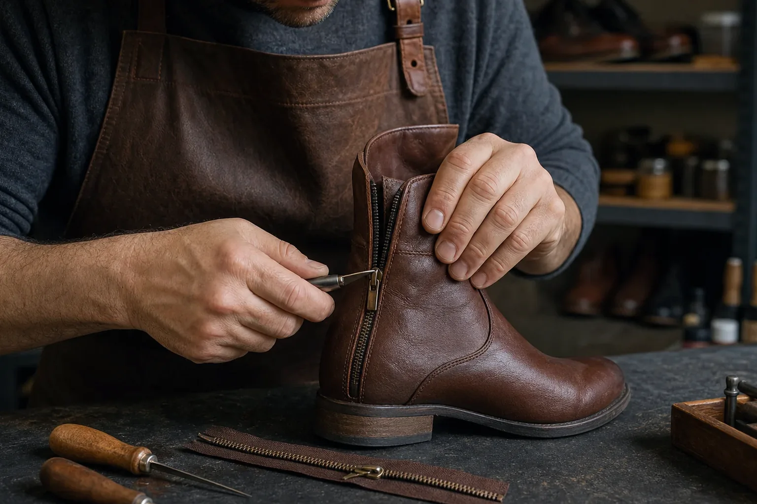 Sapateiro consertando o zíper de uma bota, com foco no trabalho técnico.